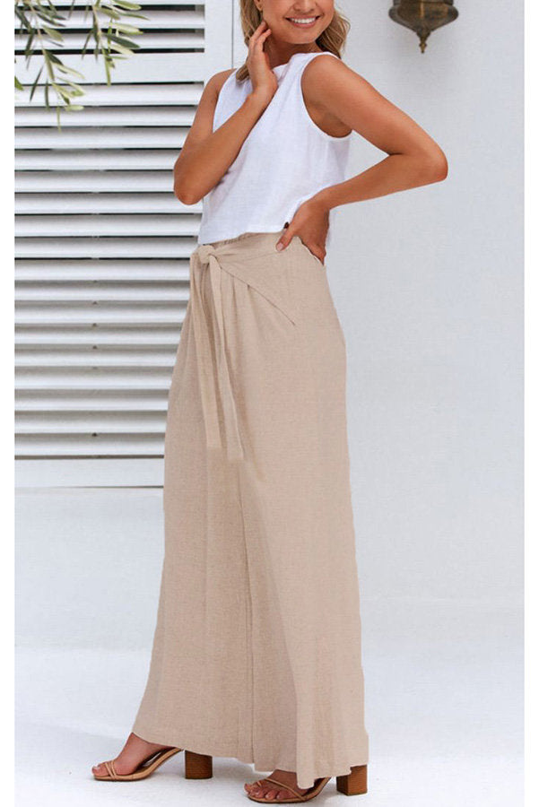 Day By Day Linen Blend Tie Elastic Waistband Wide Leg Pants