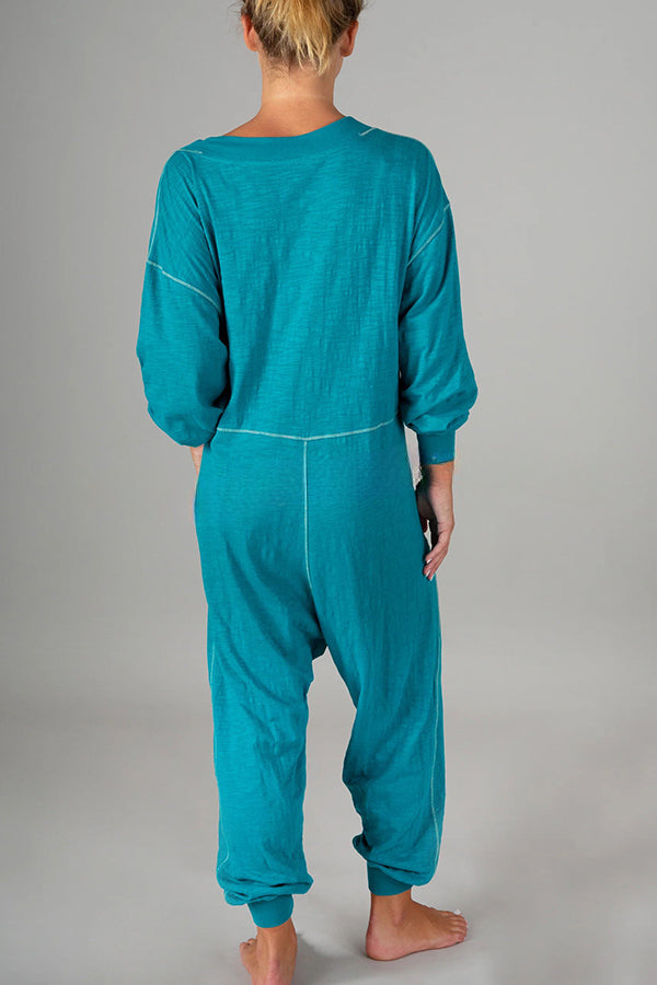 Home or Traveling Cotton Blend Long Sleeve Pocketed Loose Jumpsuit