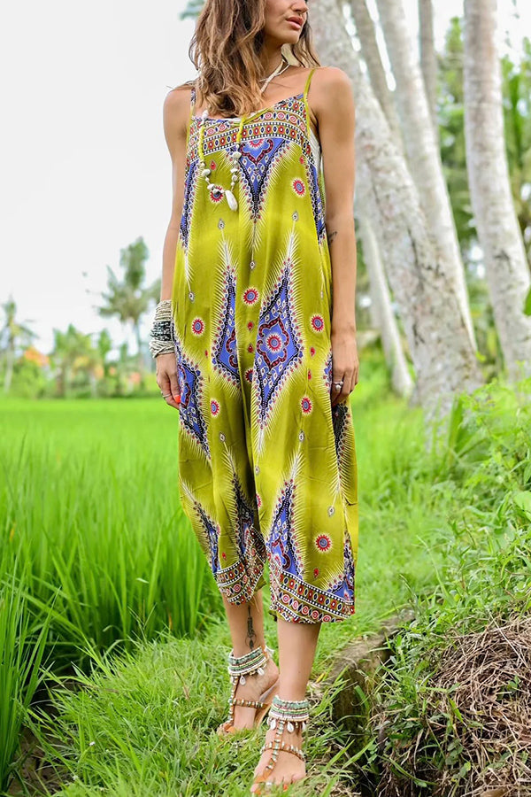 Free Spirit Boho Ethnic Print Loose Dungaree Jumpsuit