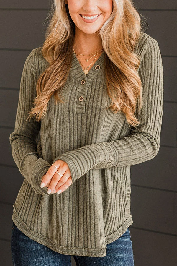 Pickle Green V Neck Buttoned Ribbed Knit Top