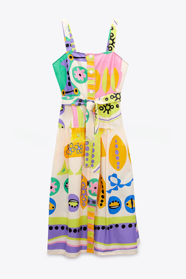 Summer Picnic Unique Print Straight Neck Button Belted Midi Dress