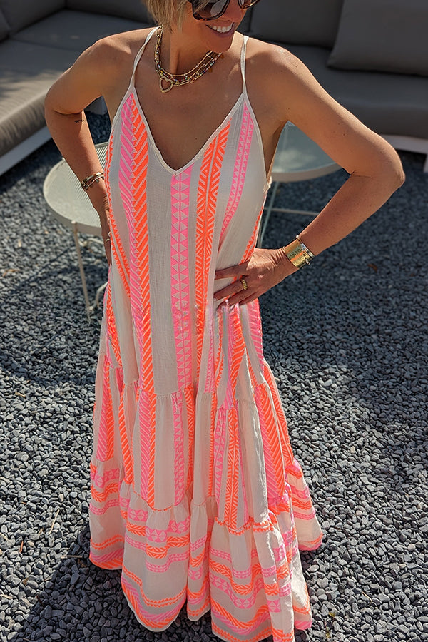 Away on Vacay Ethnic Print A-line Cami Maxi Dress