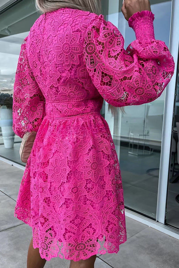 Luxe Debut Floral Crochet Lace Lantern Sleeve Mini Dress