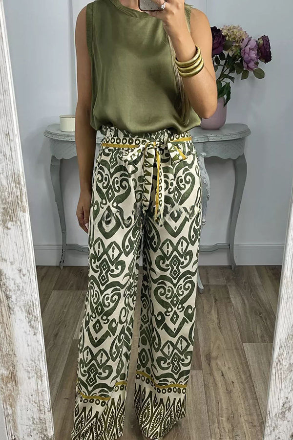 Cecilia Ethnic Print Tie Front Elastic Waist Wide Leg Pants