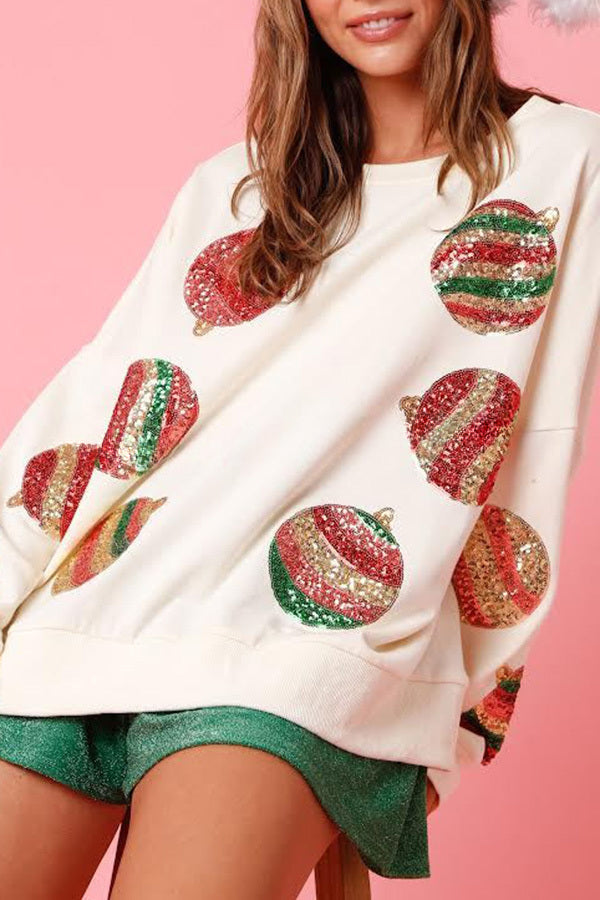 Round Neck Long Sleeve Sequin Patchwork Christmas Sweatshirt