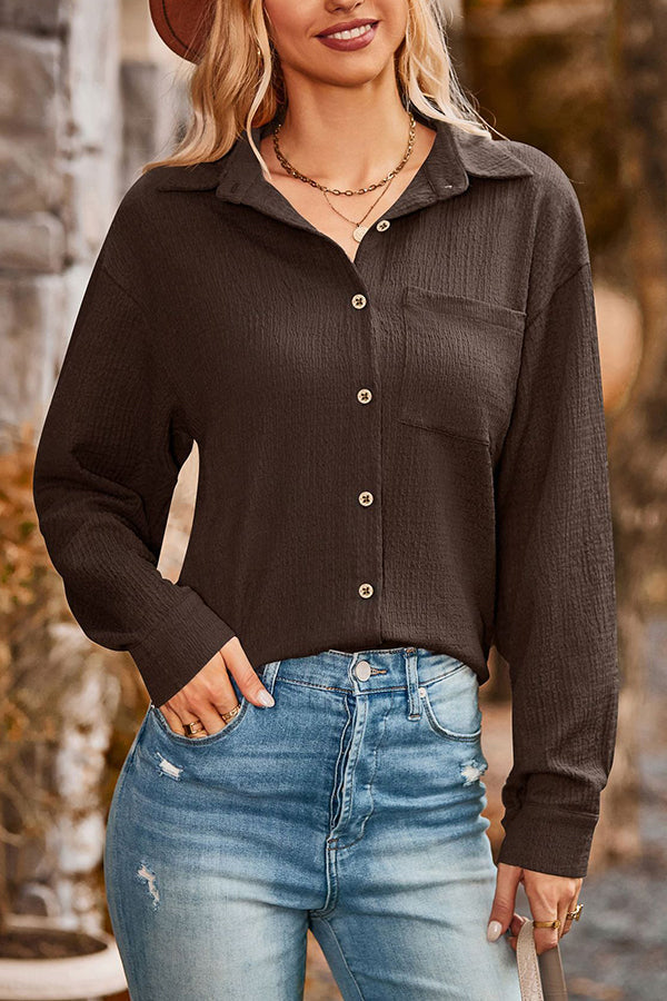 Loose Pocket Lapel Button Textured Blouse