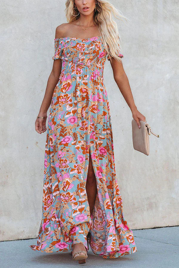 Put It In Print Smocked Slit Maxi Dress