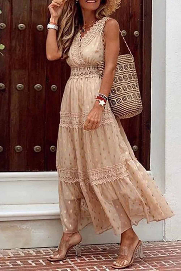 Antonia Golden Polka Dots Crochet Lace Maxi Dress