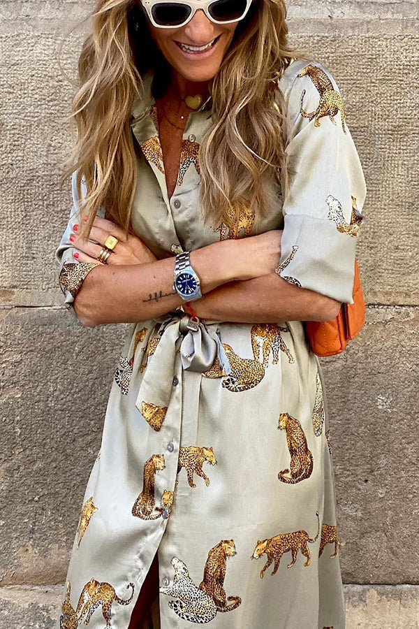 Now Trending Tiger Print Satin Shirt Maxi Dress