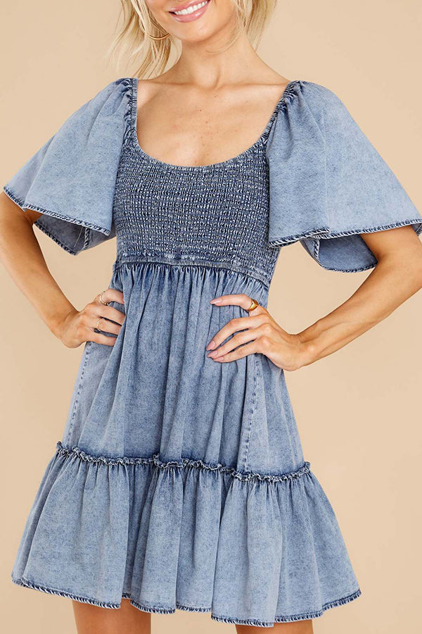 Hello Cutie Pie Denim Smocked Puff Sleeve Mini Dress