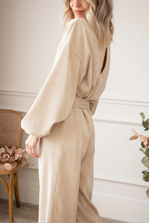 Apricot Keyhole Back V Neck Tie Waist Loose Jumpsuit