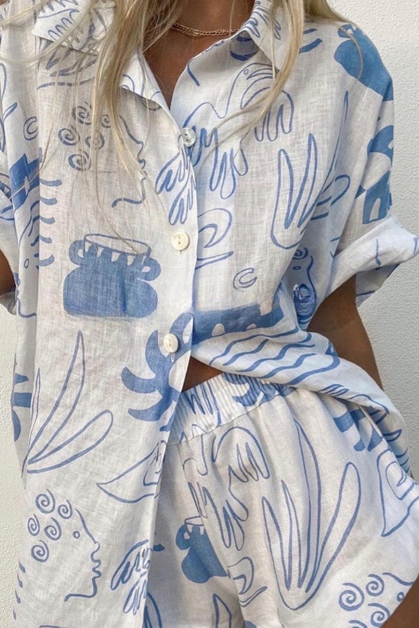 Quiet Beach Linen Blend Printed Oversized Blouse and Elastic Waist Shorts Set