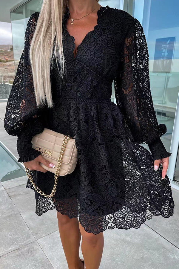 Luxe Debut Floral Crochet Lace Lantern Sleeve Mini Dress