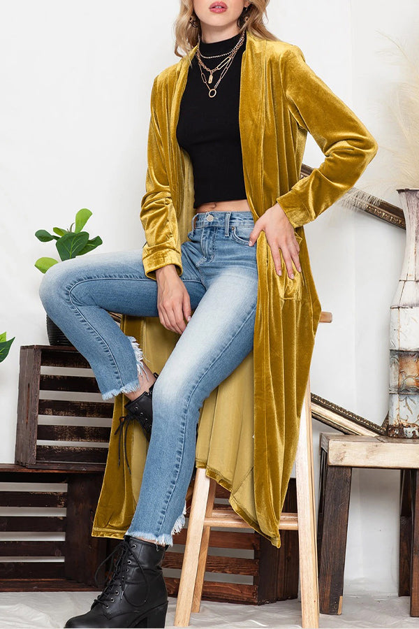 Yellow Velvet Elegant Open Front Pocket Long Cardigan