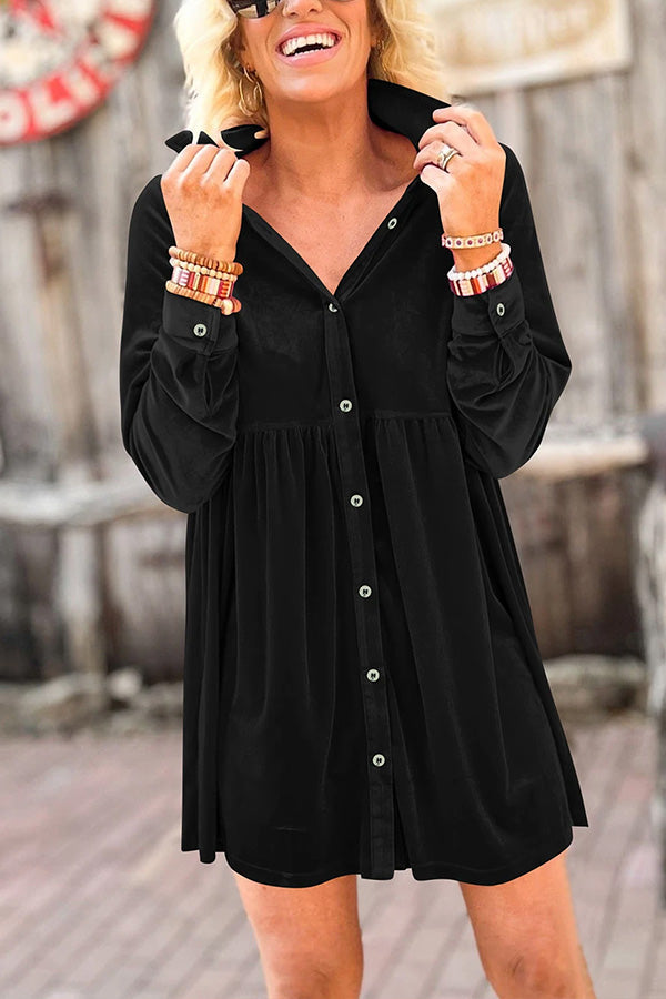 Long Sleeve Ruffle Velvet Button Up Shirt Dress