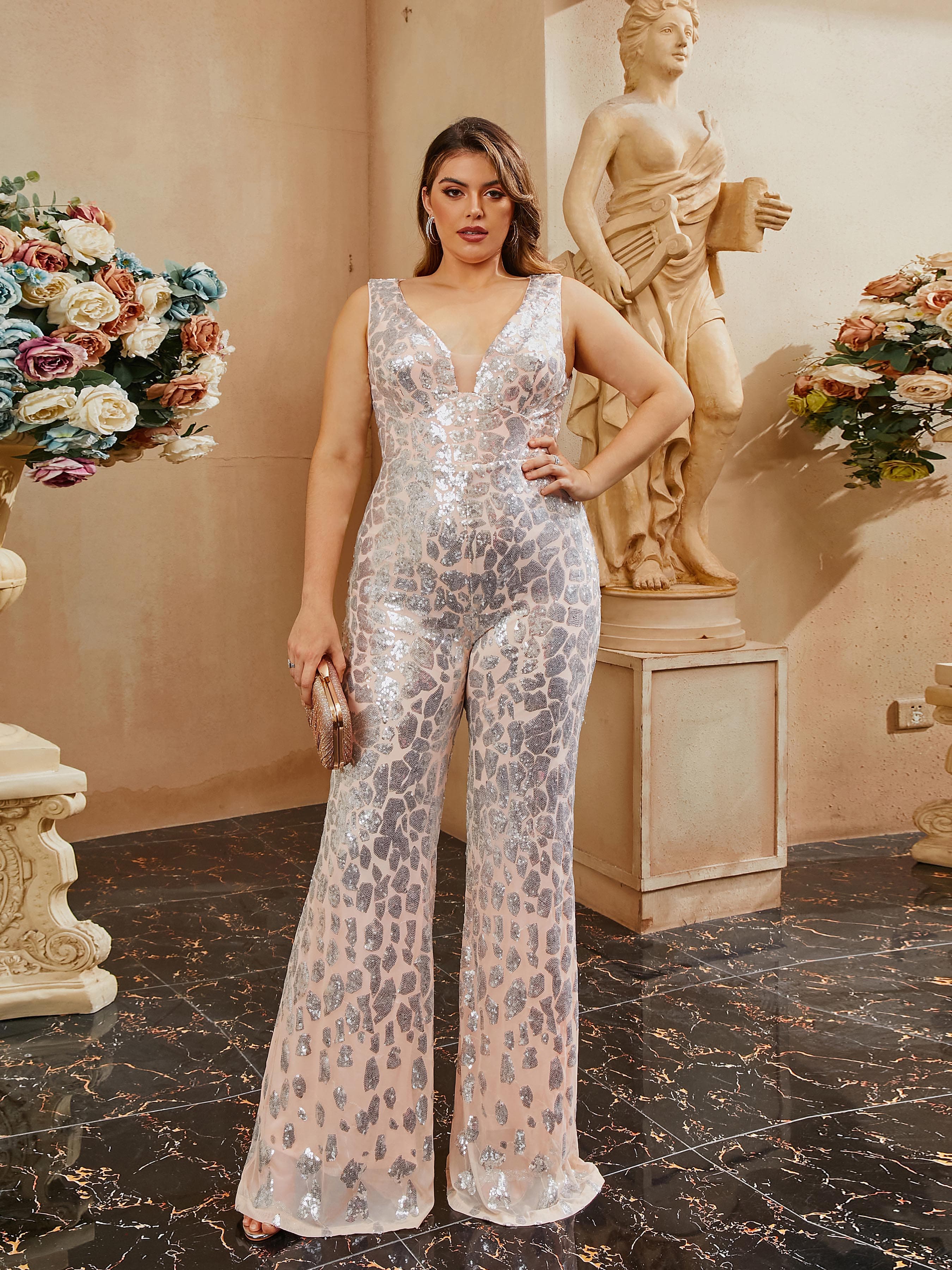 Plus Size V-Neck Backless Sleeveless Sequin Jumpsuits PRH30063