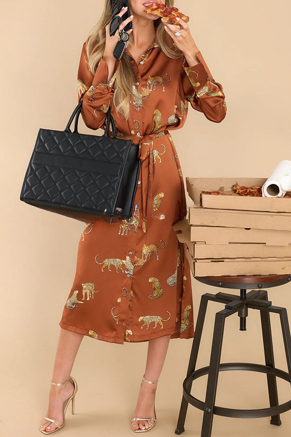 Going Wild Satin Leopard Print Button Down Long Sleeve Midi Dress