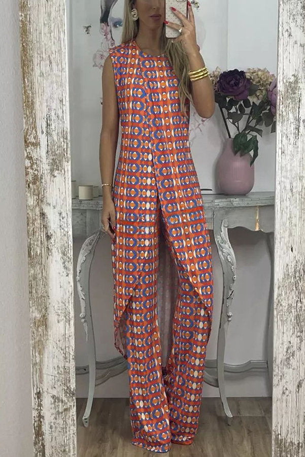 Talk about Charm Printed Front Split Midi Top and Stretch High Waist Flare Pants Set