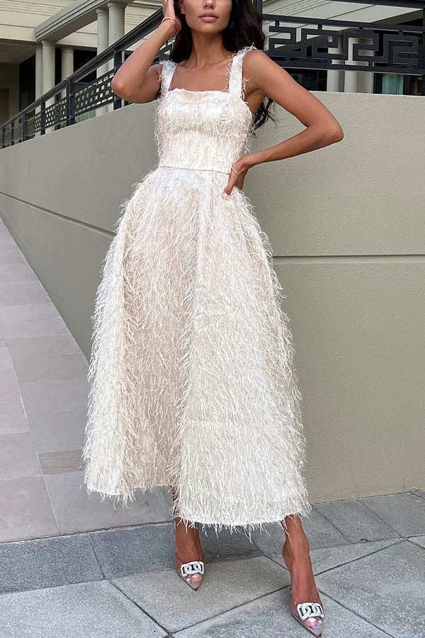 Fairy and Attractive Look Fluffy Tassel Fabric Square Neck Midi Dress