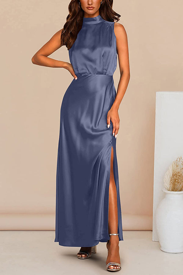 The Story of Us Satin High Neck Slit Maxi Dress