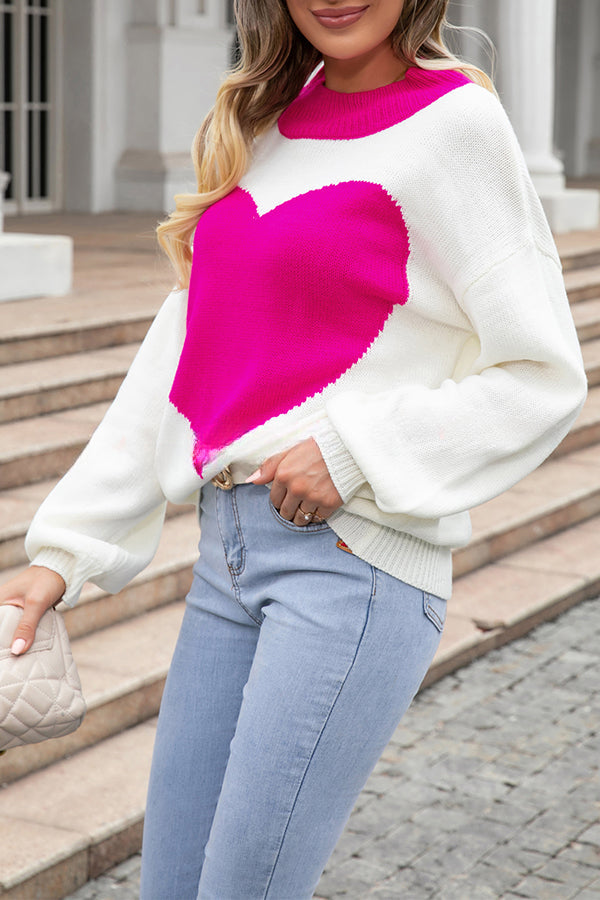 Heart Shaped Crew Neck Contrasting Knitted Long Sleeve Pullover Sweater