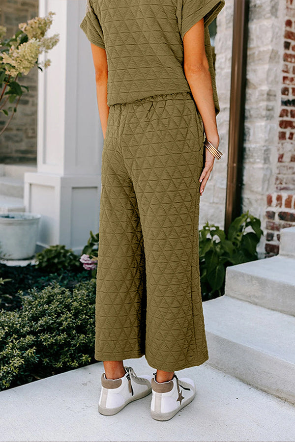 Quilted Textured Short Sleeve Top and Wide Leg Pants Set