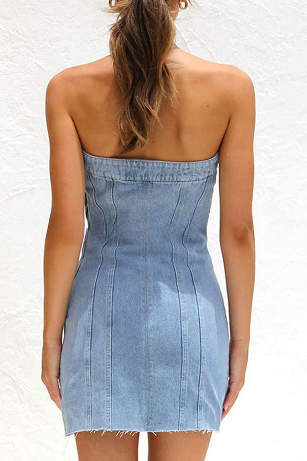 Sleeveless Backless Wrapped Bust Concealed Zip Denim Mini Dress