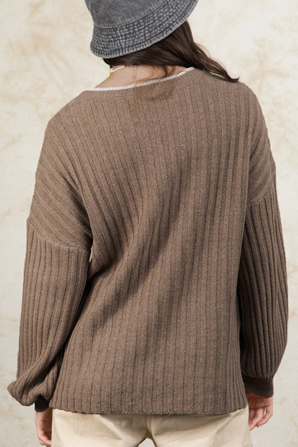 Smoke Gray Ribbed Contrast Neckline Drop Sleeve Sweater