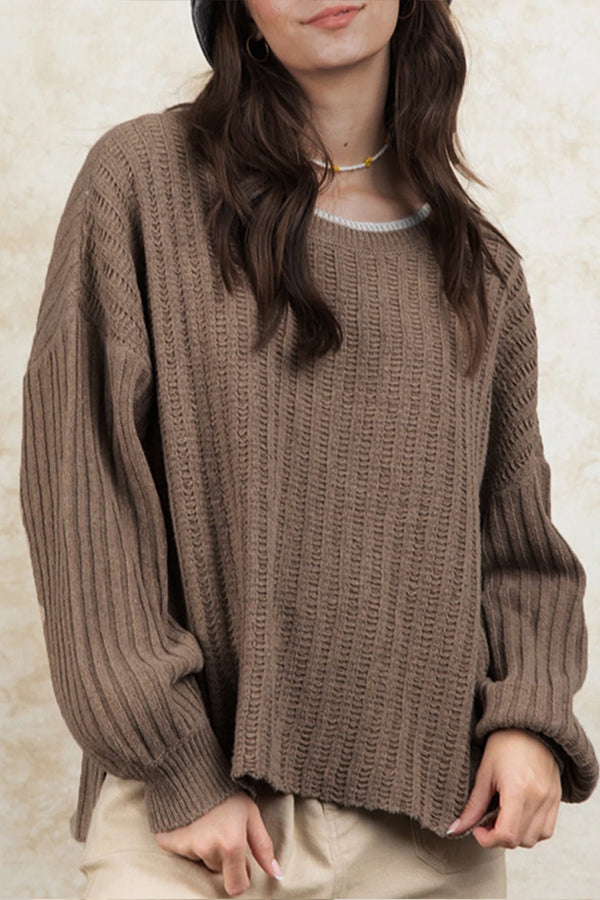 Smoke Gray Ribbed Contrast Neckline Drop Sleeve Sweater