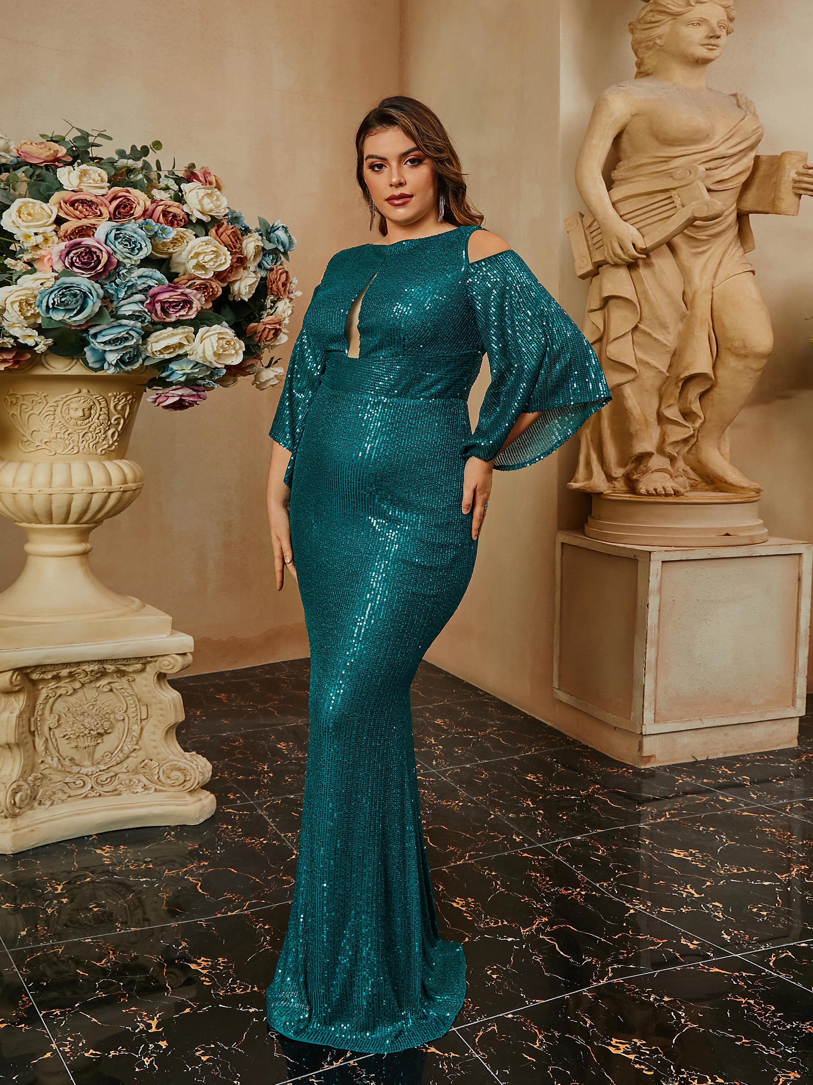 Plus Size Crew Neck Backless Mermaid Bell Sleeve Evening Dress PRA60090