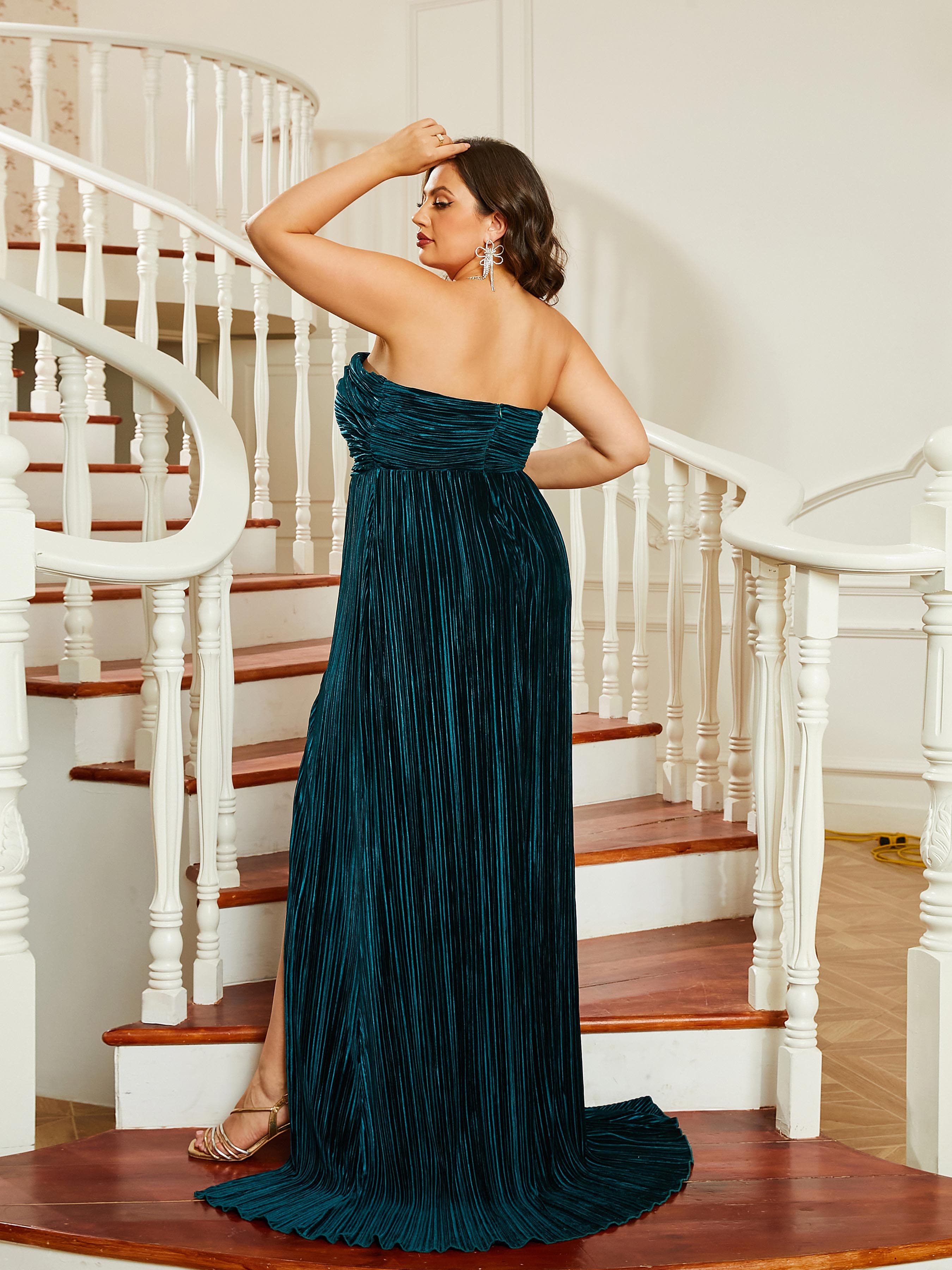 Plus Size Strapless Pleated Green Velvet Prom Dress PRJ10366