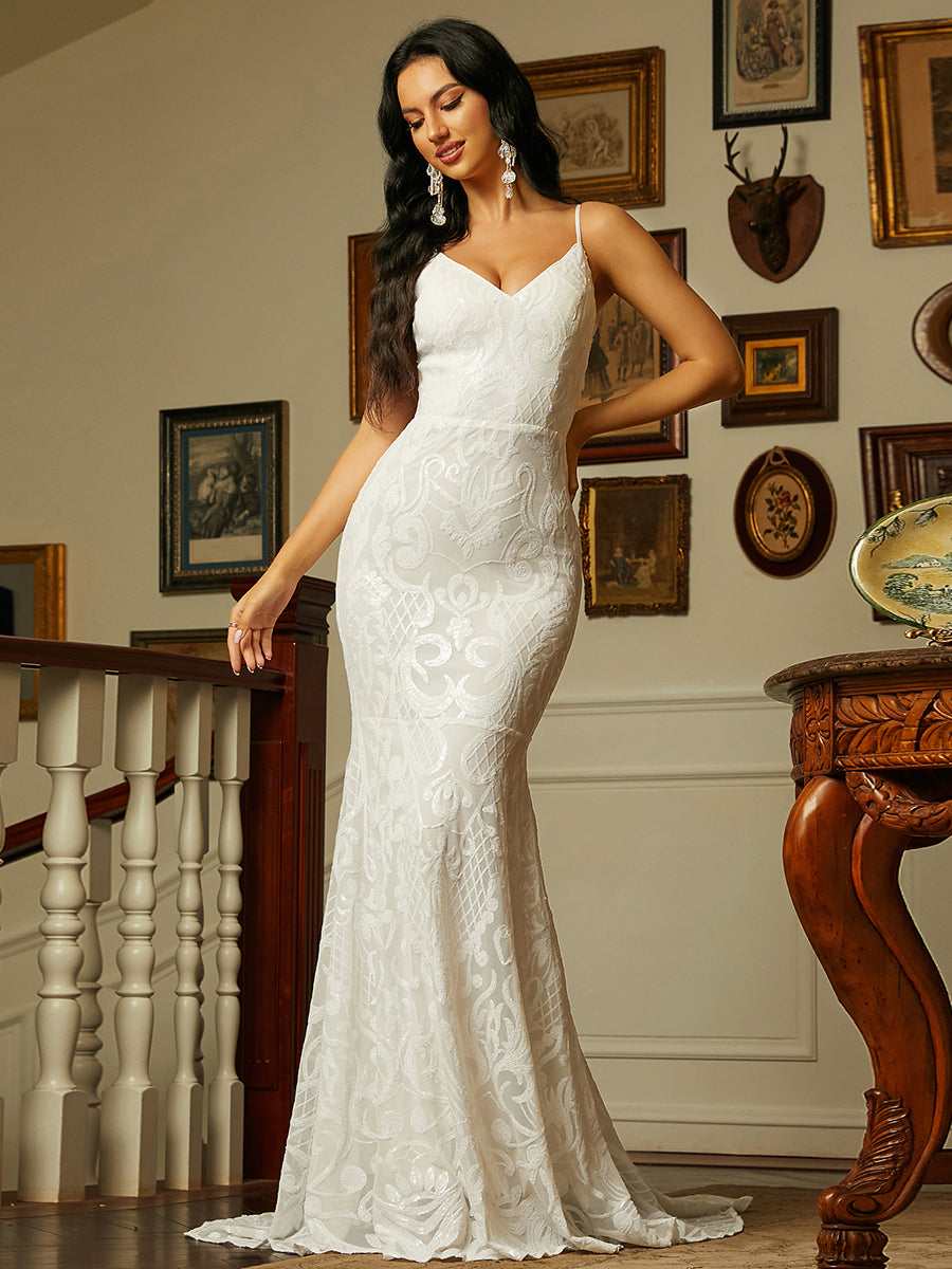 Spaghetti V Neck Mermaid Wedding Dress JMT1139