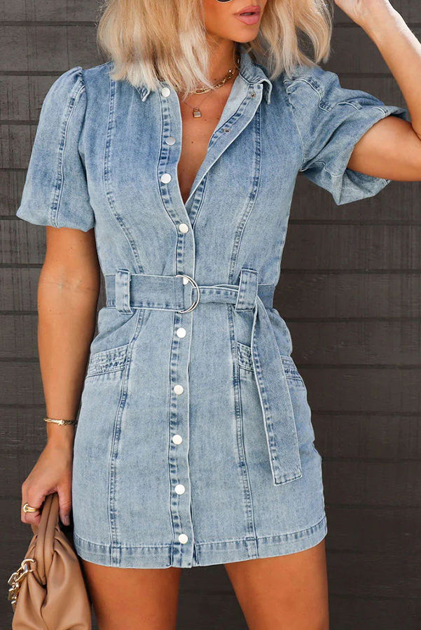 Ada Pocketed Single Breasted Belted Denim Mini Dress