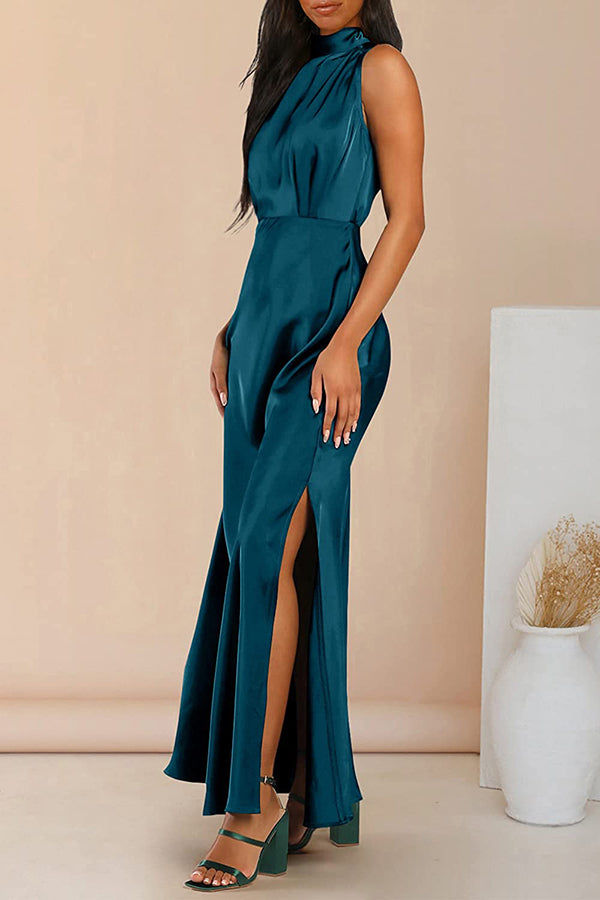 The Story of Us Satin High Neck Slit Maxi Dress