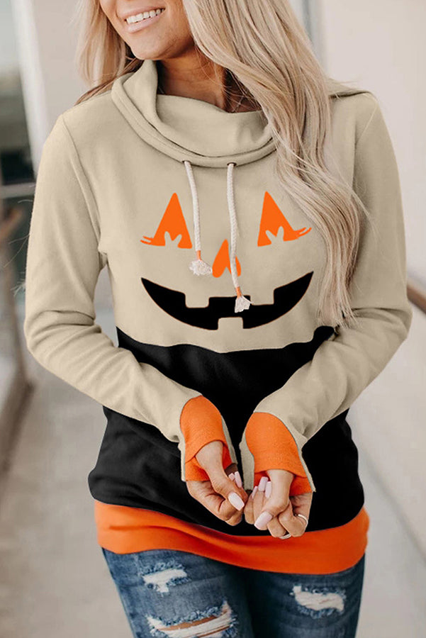 Halloween Pumpkin Print Long Sleeve Drawstring Hoodie