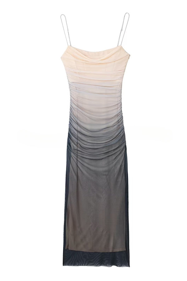 Timeless Sexy Mesh Gradient Ruched Cowl Neck Midi Dress