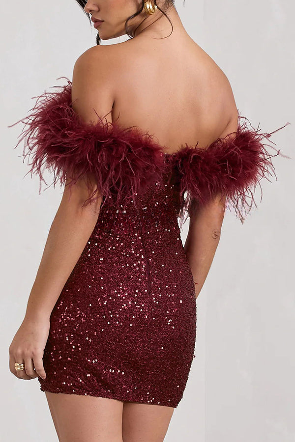 It's Show Biz Sequin Feather Trim Bodycon Mini Dress