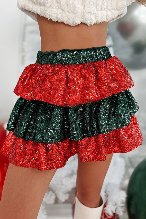 Little Christmas Magic Elastic Waist Tiered Sequin Mini Skirt