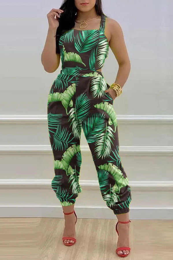 Libby Tropical Print Criss Cross Tied Detail Backless Jumpsuit