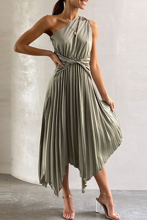 Miya Satin One Shoulder Pleated Midi Dress