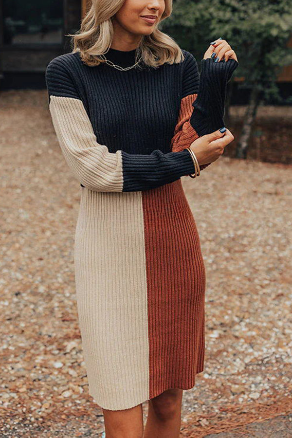 Winter Latte Knit Color Block Mock Neckline Sweater Mini Dress