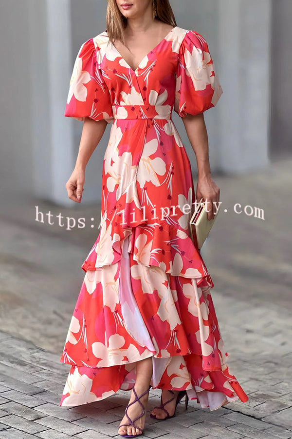 Fashionable Elegant V Neck Printed Layered Dress