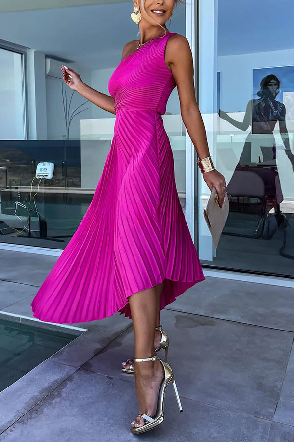 Glam Vibes Satin One Shoulder Side Cutout Pleated Maxi Dress