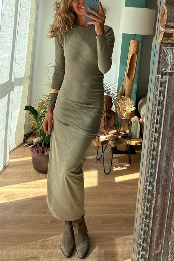 Got Me Smiling Cotton Blend Ruched Long Sleeve Stretch Midi Dress