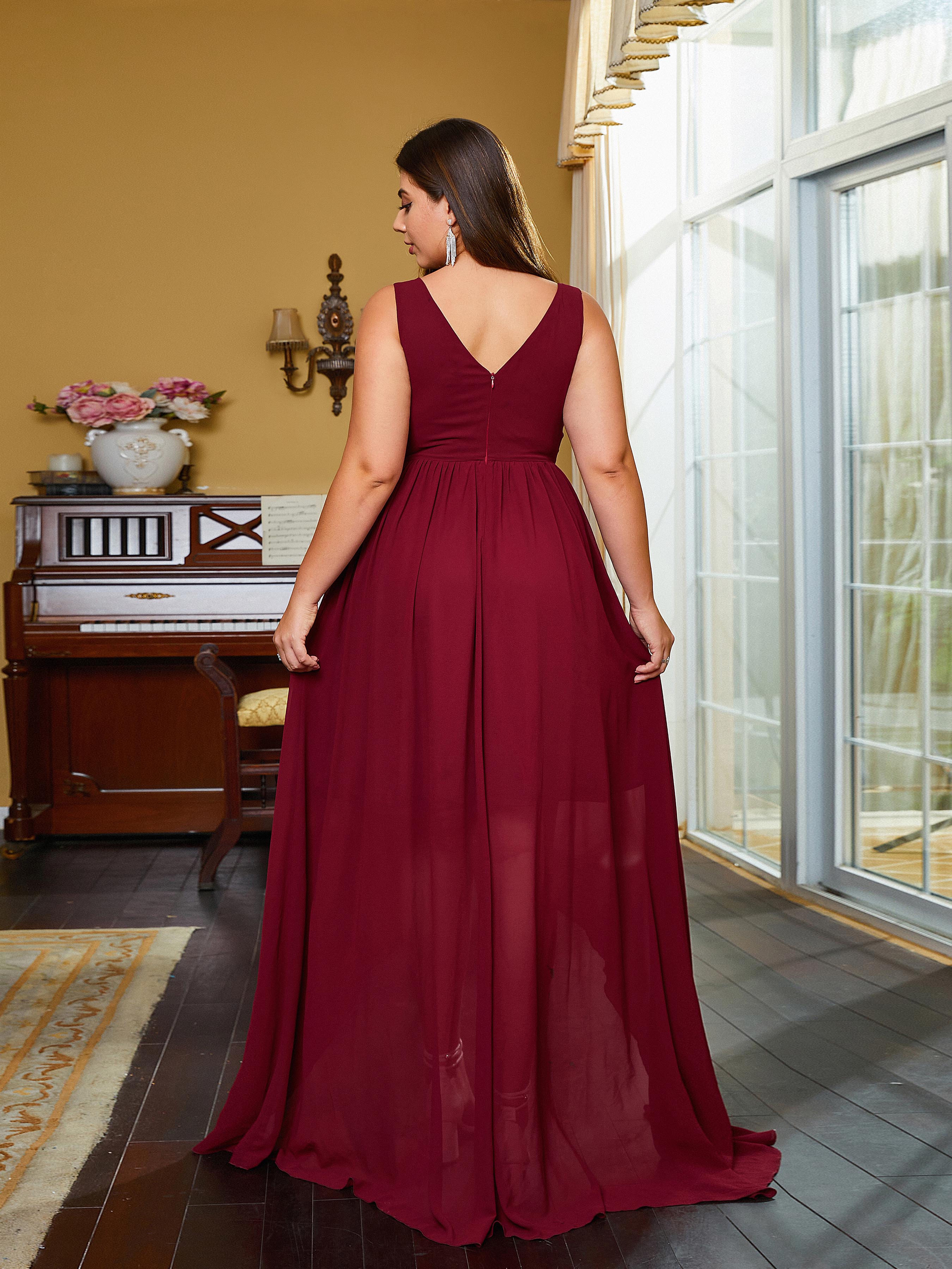 Plus Size V-Neck Backless A-line Sleeveless Evening Dress PRH30484