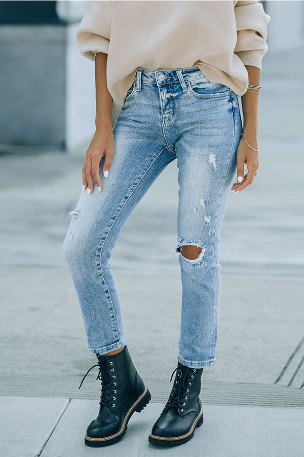 All-match Fresh Ripped Slim-fit Jeans