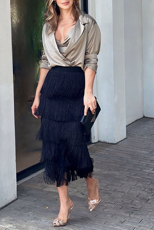 Solid Color High Waist Elastic Waist Pleat Fringed Skirt