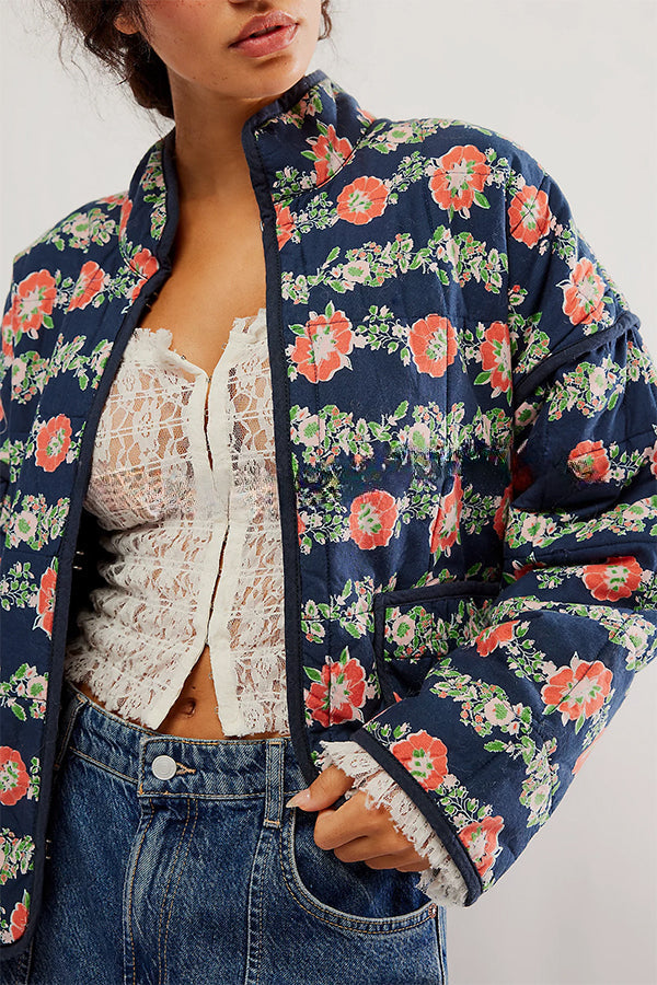 Floral Print Pocket Contrast Concealed Button Cotton Coat