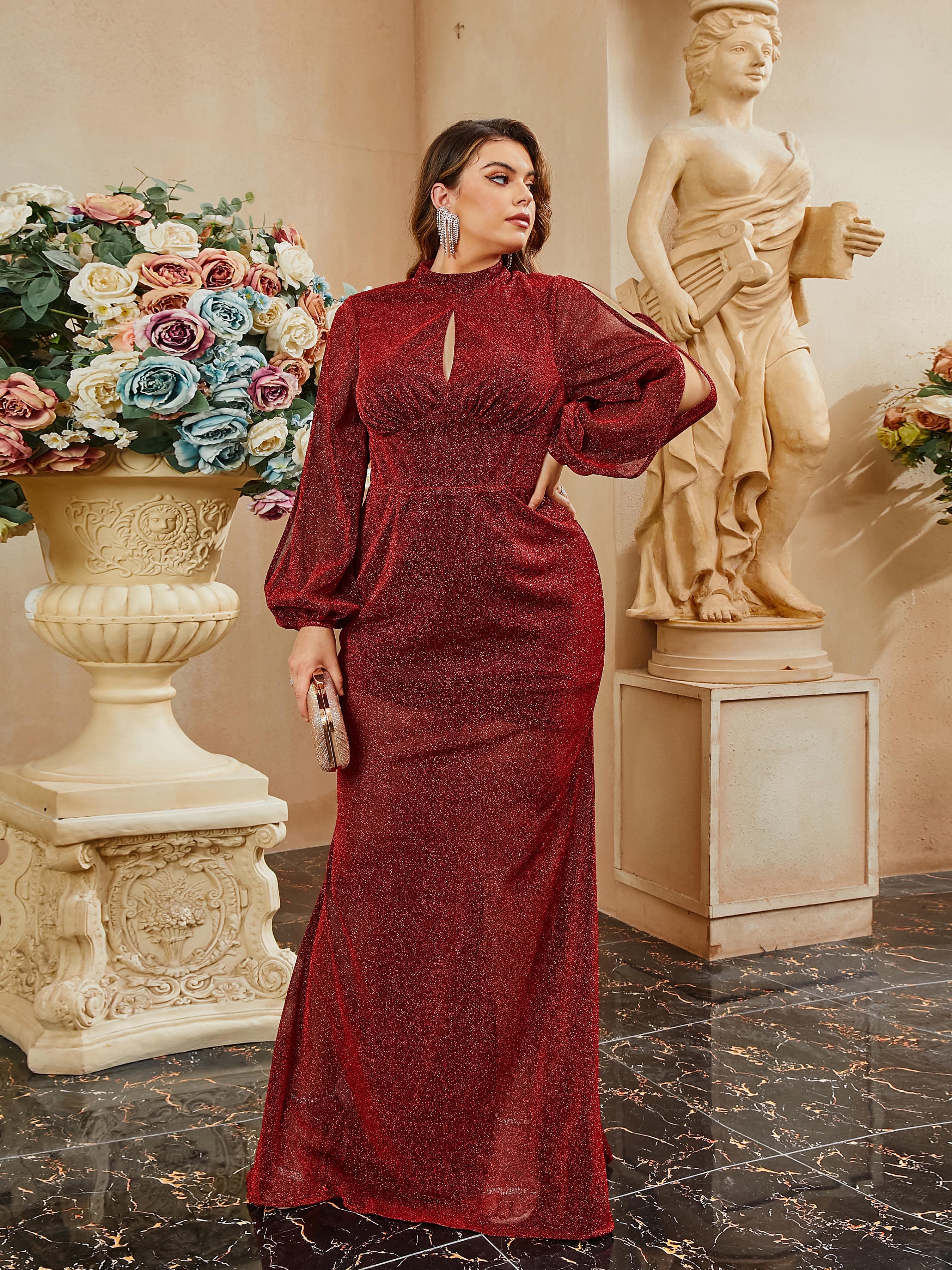 Plus Size Stand Collar CutOut Mermaid Pleated Long Sleeve Evening Dress PRH30669