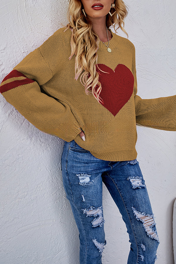 Contrast Color Round Neck Pullover Love Heart Knitted Long Sleeved Sweater